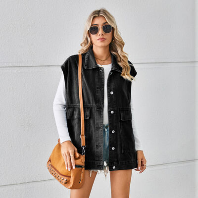 Pocketed Button Up Sleeveless Denim Jacket Black