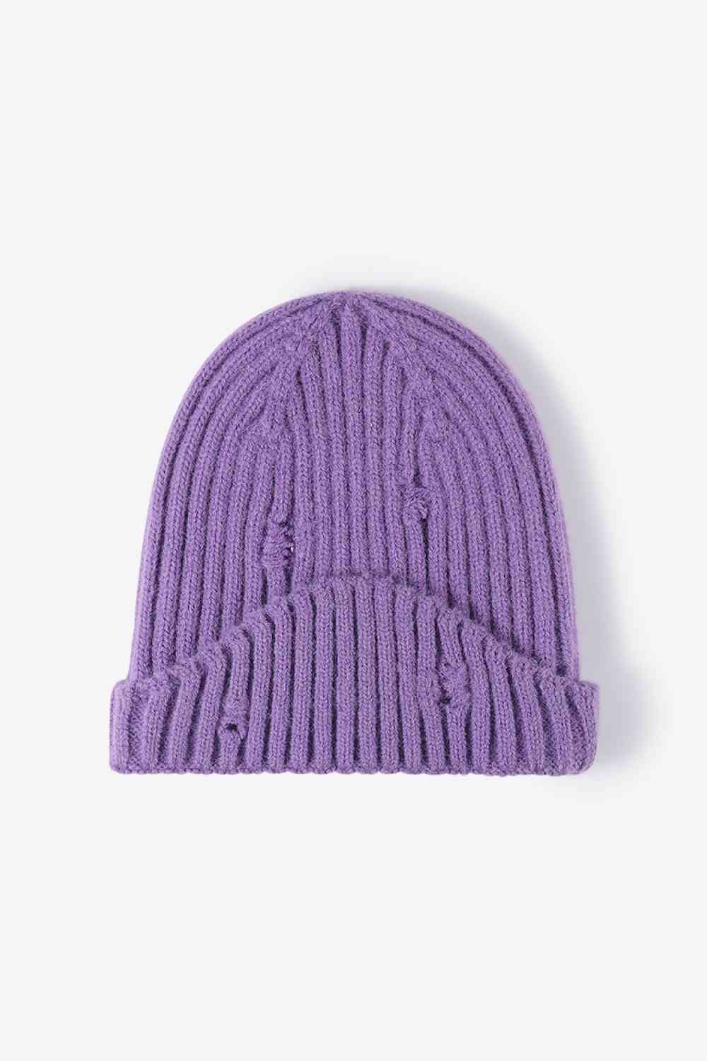Distressed Rib-Knit Beanie Purple One Size