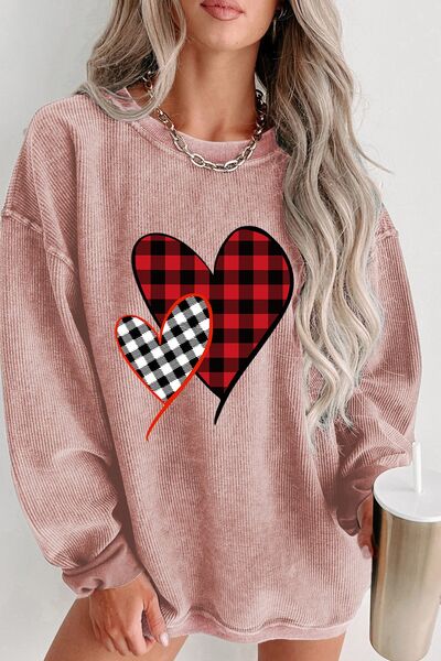 Heart Round Neck Dropped Shoulder Sweatshirt Dusty Pink