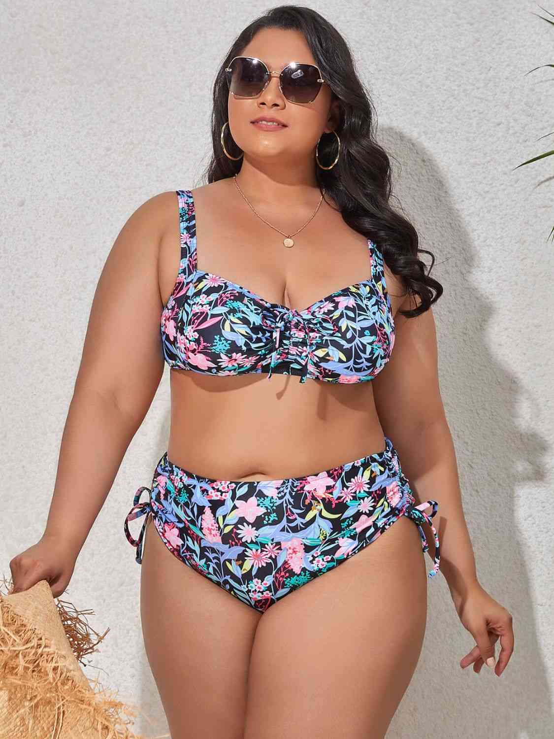 Plus Size Printed Drawstring Detail Bikini Set Floral