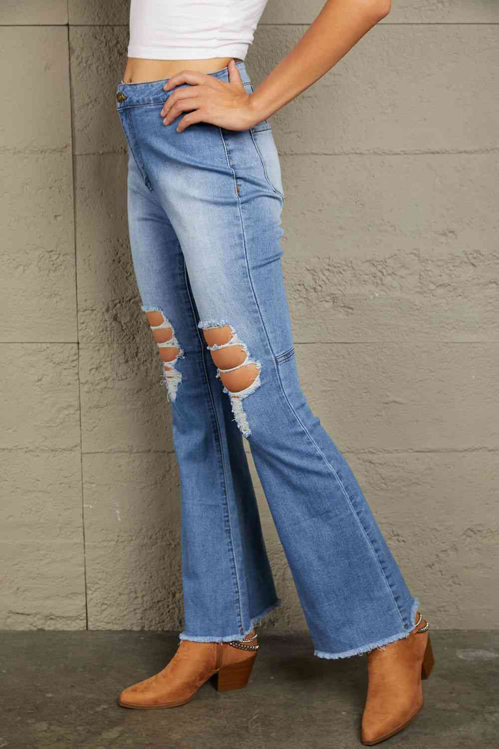 Baeful Distressed Raw Hem High-Waist Flare Jeans