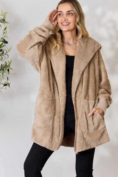 H&T Faux Fur Open Front Hooded Jacket Taupe One Size