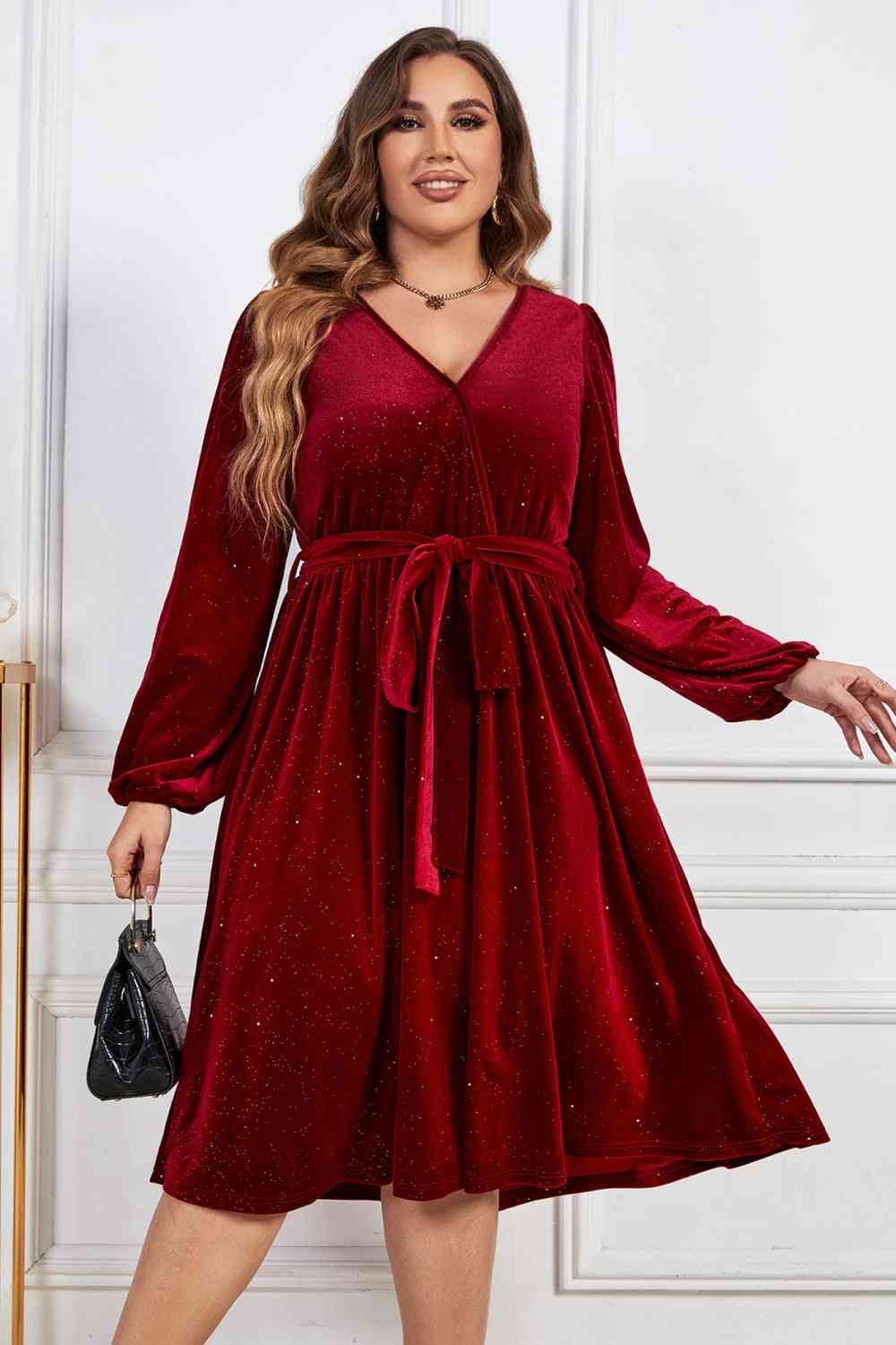 Melo Apparel Plus Size Surplice Neck Balloon Sleeve Tie Belt Midi Dress Deep Red