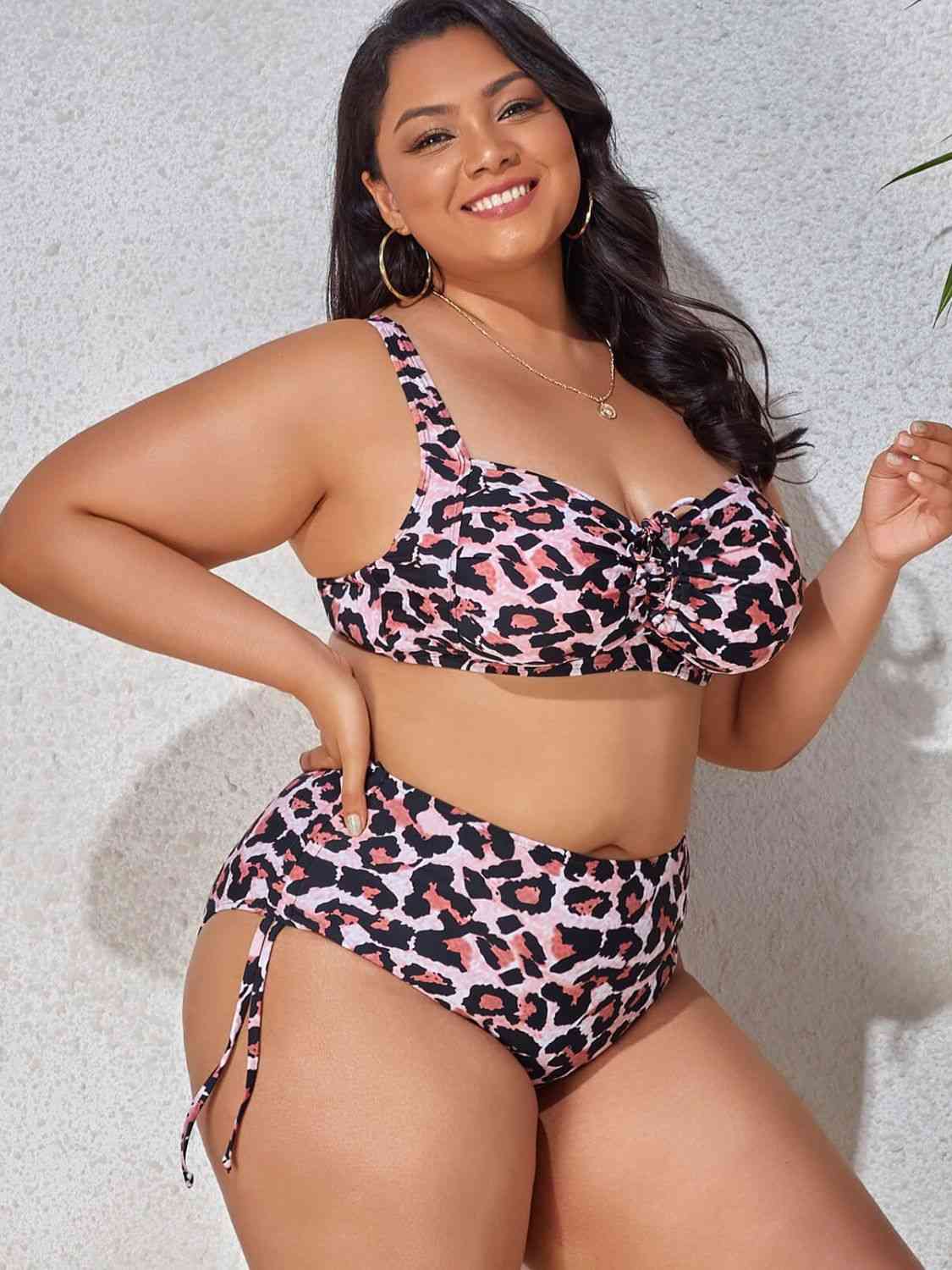 Plus Size Printed Drawstring Detail Bikini Set Tiger