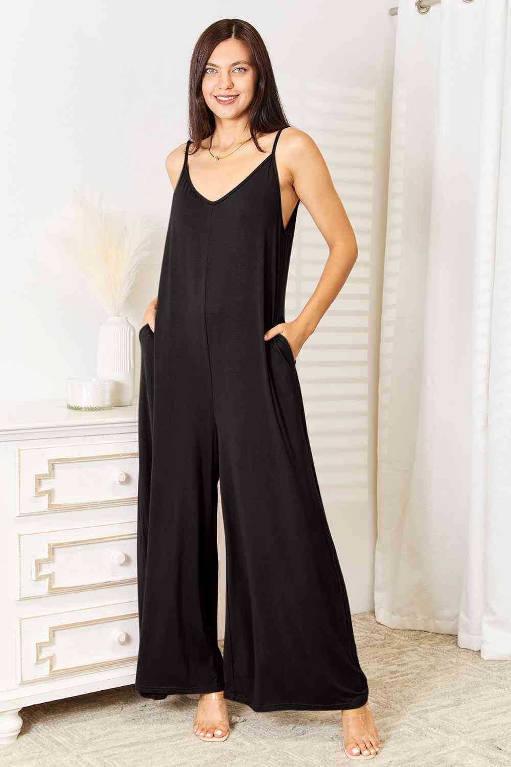 Double Take Full Size Soft Rayon Spaghetti Strap Tied Wide Leg Jumpsuit Black