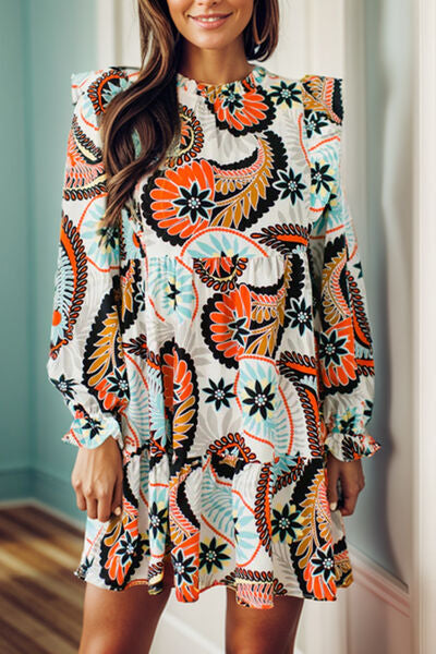 Ruffled Printed Flounce Sleeve Mini Dress Orange