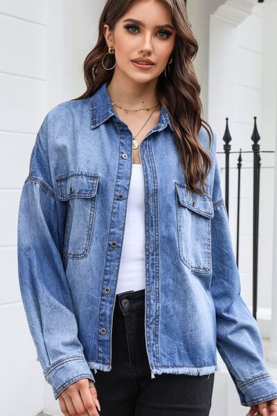 Raw Hem Pocketed Collared Neck Denim Jacket