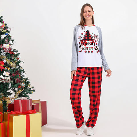Women MERRY CHRISTMAS Graphic Top and Plaid Pants Set White