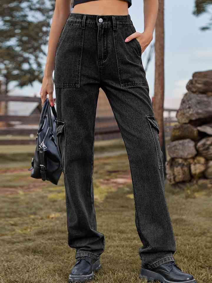 Pocketed Long Jeans Black