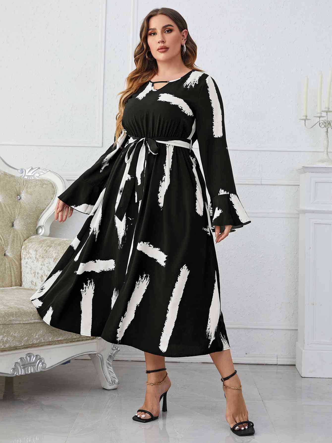 Melo Apparel Plus Size Printed Tie Belt Flare Sleeve Round Neck Midi Dress Black