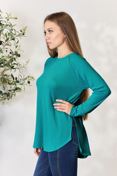 Zenana Round Neck Long Sleeve Slit Top