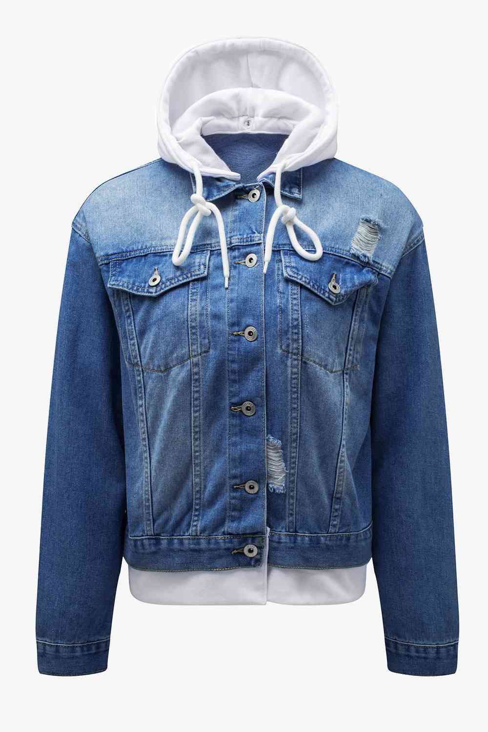 Distressed Hooded Denim Jacket Medium