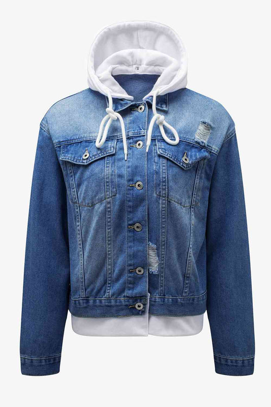 Distressed Hooded Denim Jacket Medium