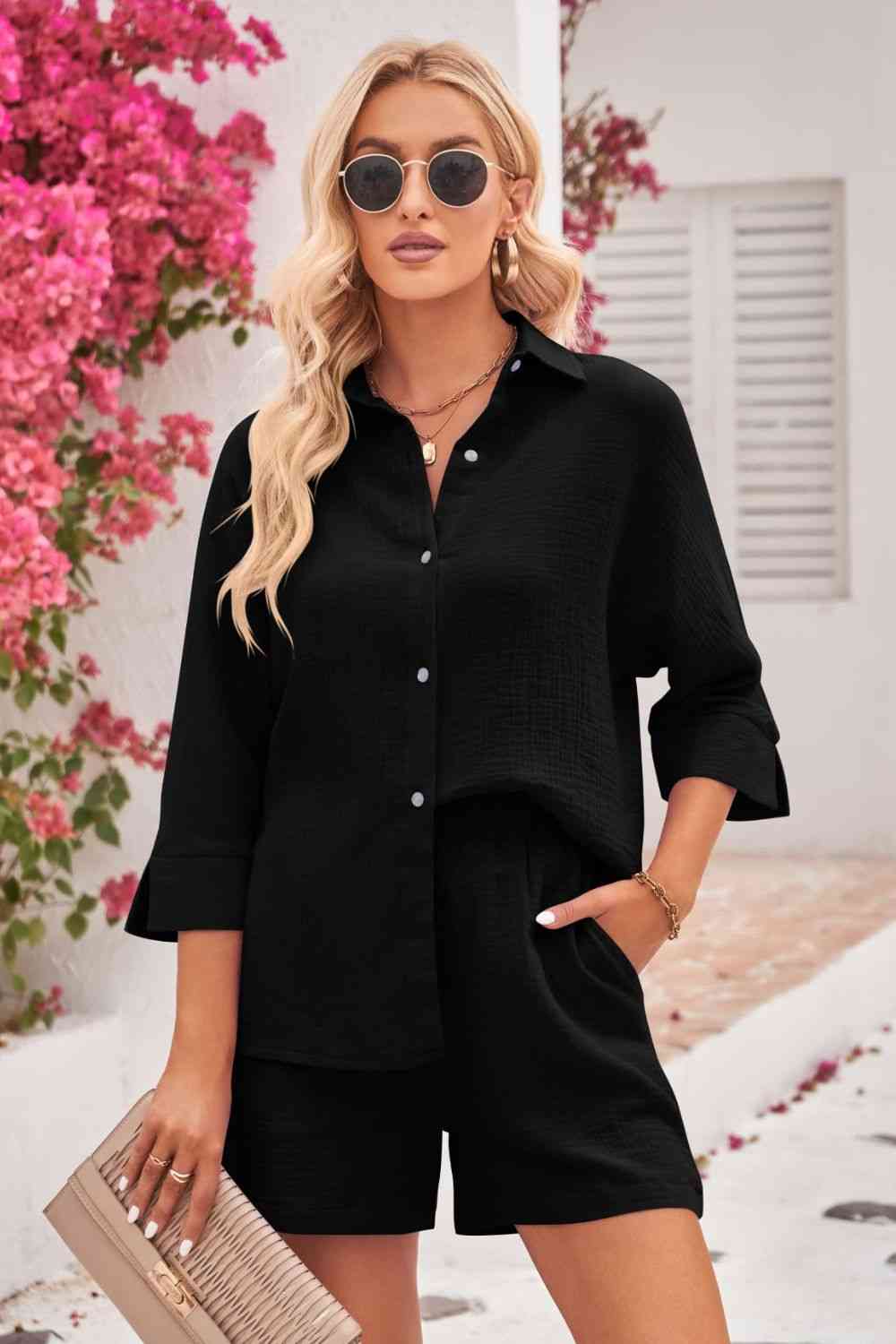 Double Take Textured Shirt and Elastic Waist Shorts Set Black