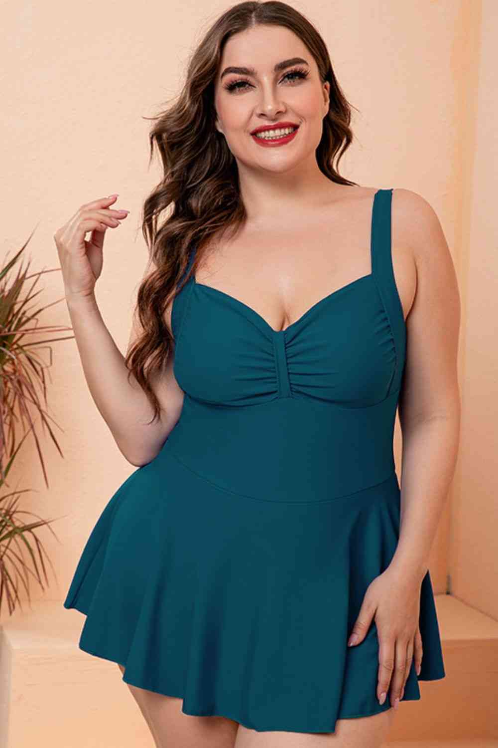 Full Size Gathered Detail Swim Dress Green