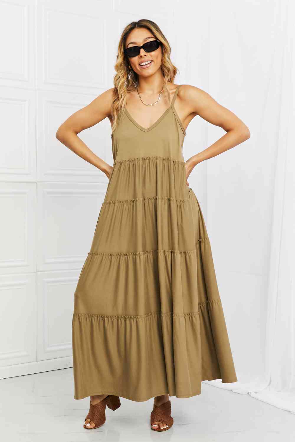 Zenana Full Size Spaghetti Strap Tiered Dress with Pockets in Khaki Khaki