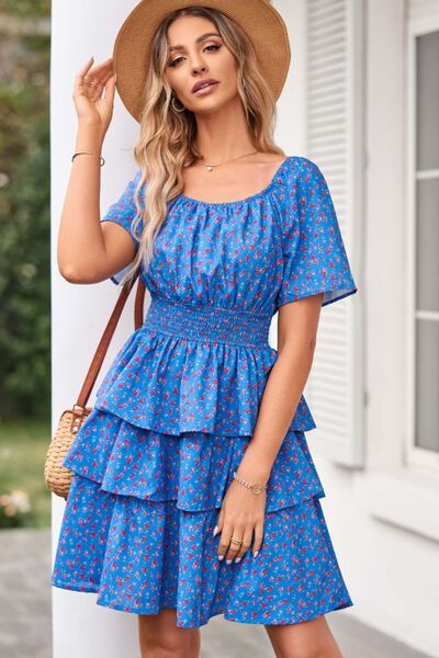 Floral Smocked Short Sleeve Layered Dress