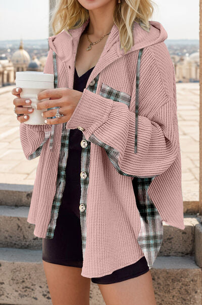 Plaid Waffle-Knit Drawstring Hooded Jacket Dusty Pink