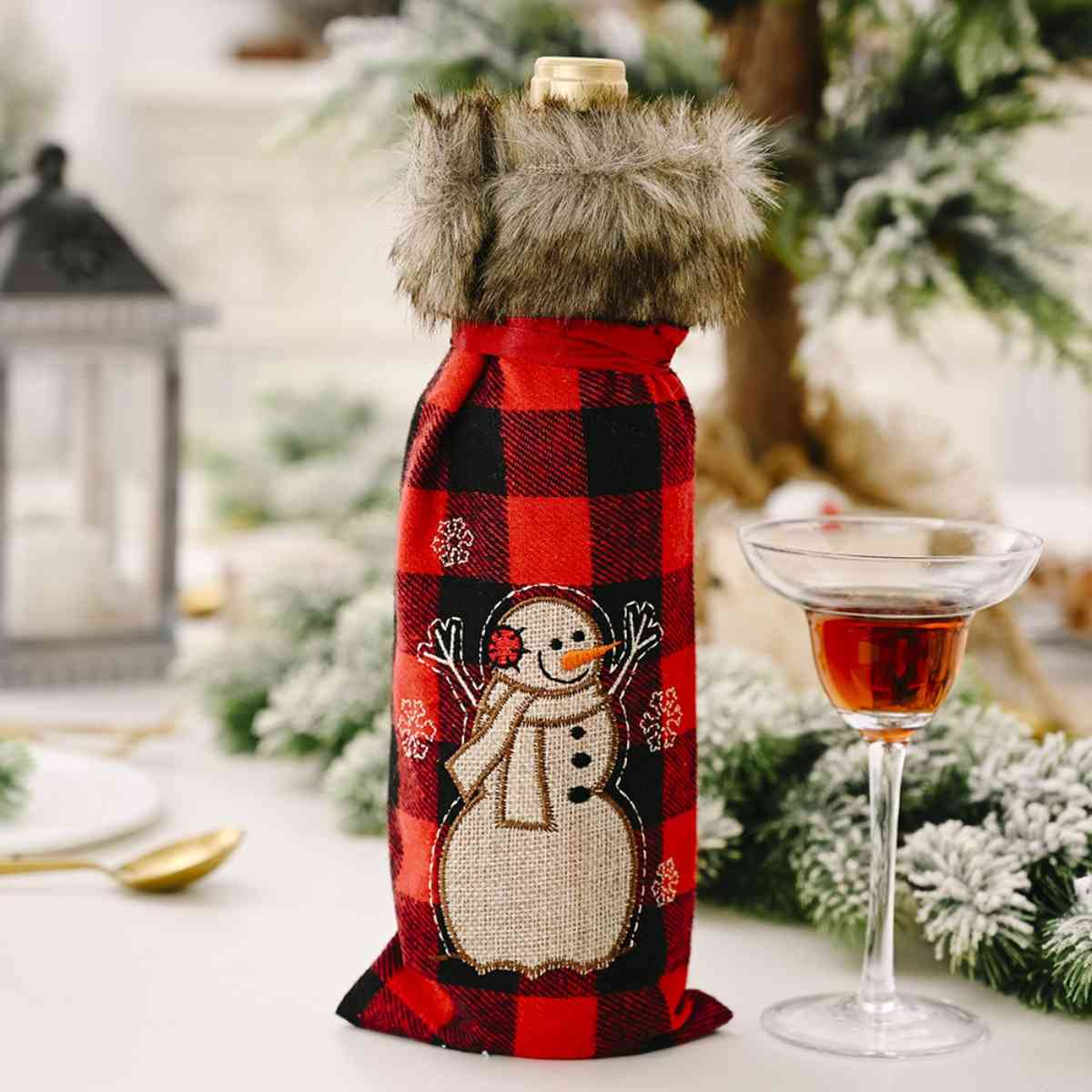 Christmas Graphic Plaid Wine Bottle Cover Style B One Size