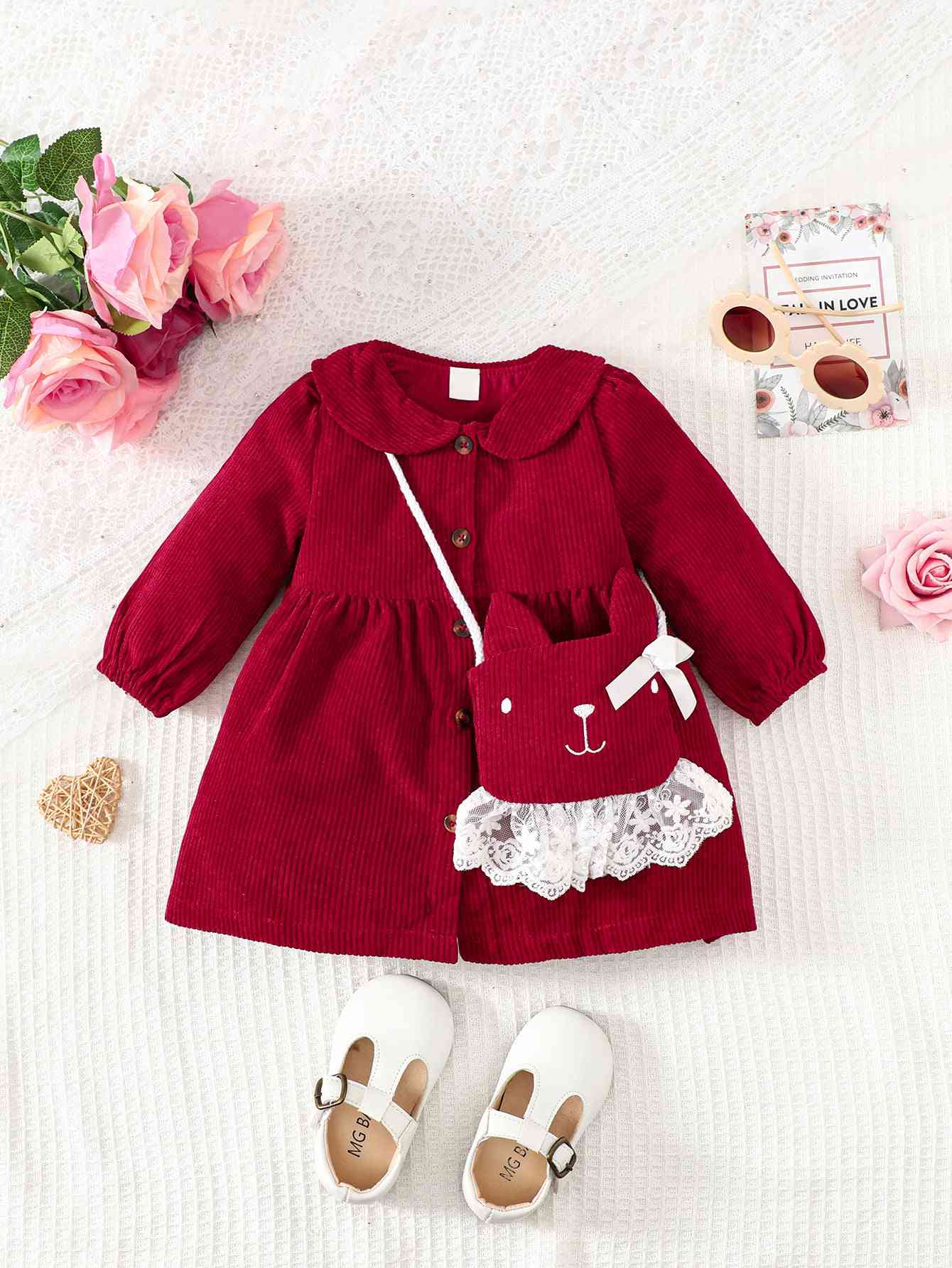 Peter Pan Collar Buttoned Long Sleeve Dress Deep Red