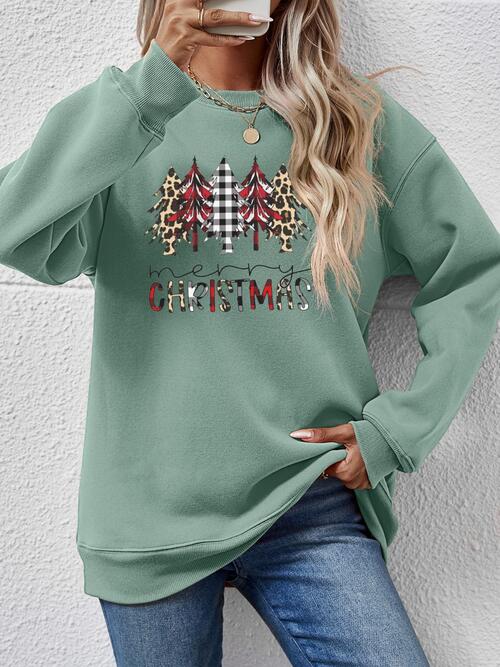 MERRY CHRISTMAS Round Neck Long Sleeve Sweatshirt Sage