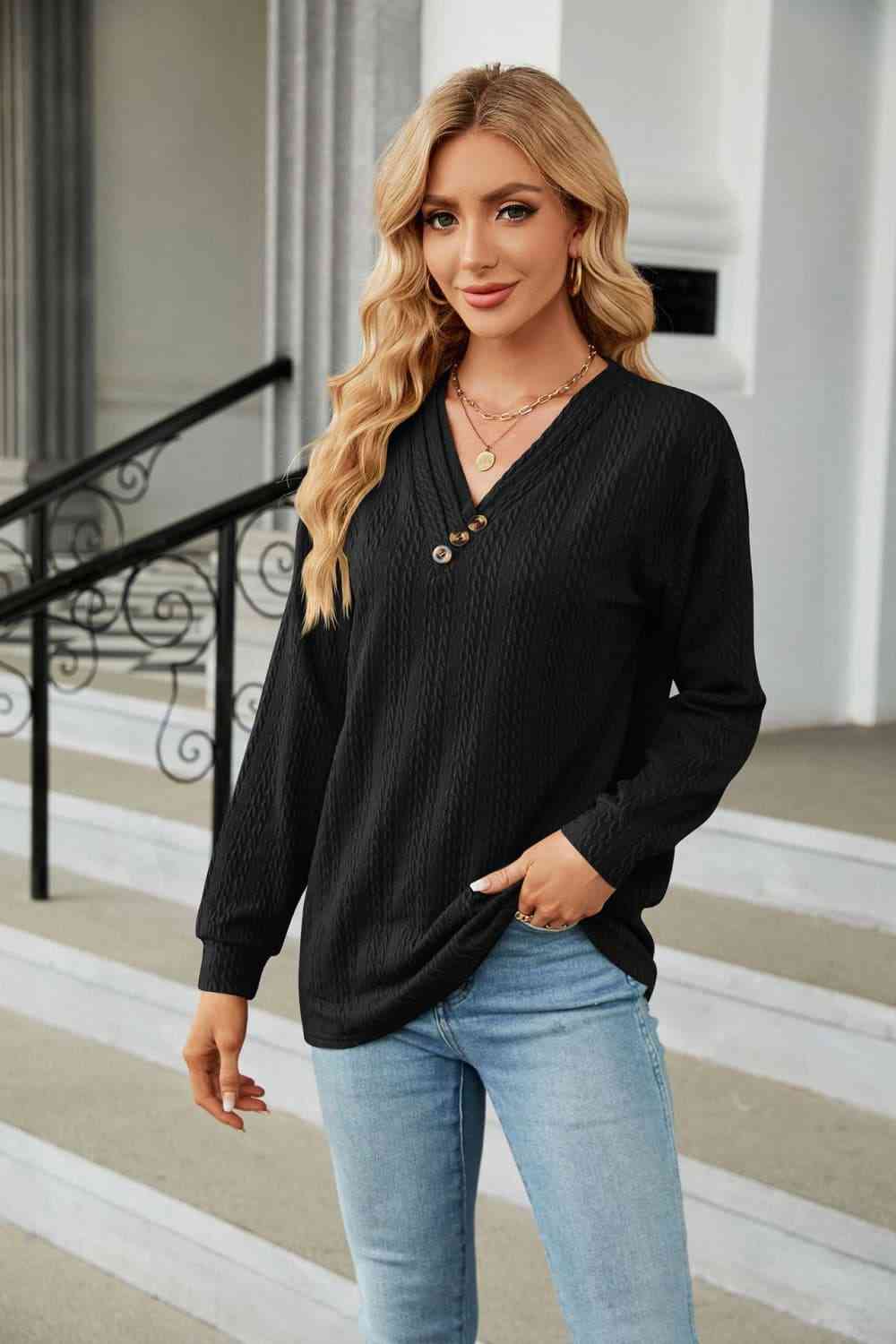 Decorative Button V-Neck Long Sleeve T-Shirt Black