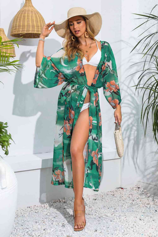 Floral Tie Waist Duster Cover Up Green One Size