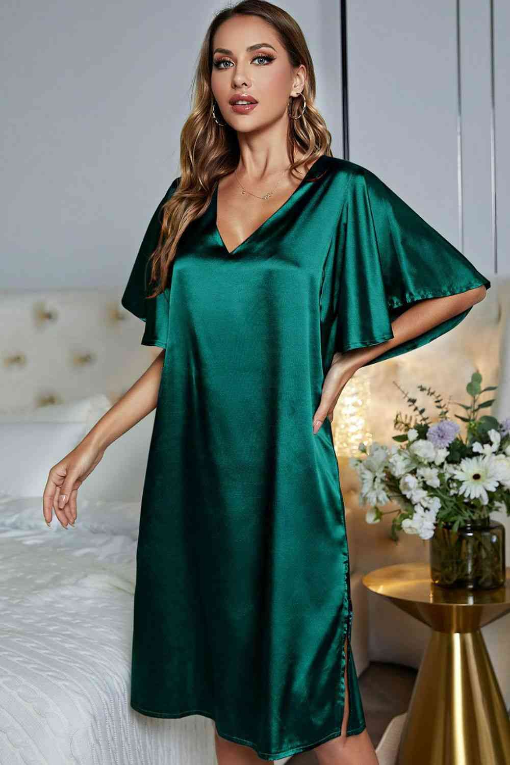 Satin Flutter Sleeve Side Slit V-Neck Night Dress Teal