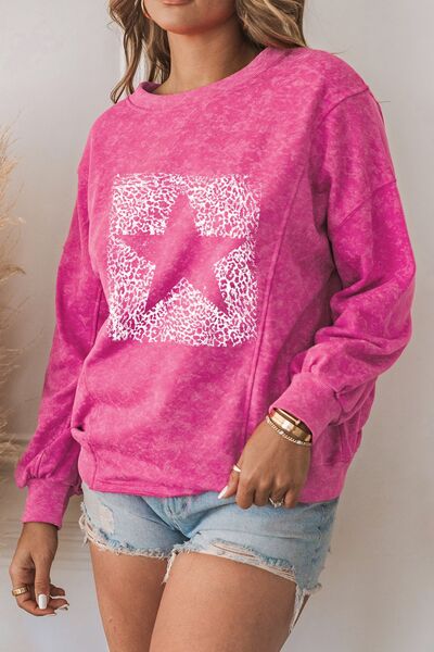 Star Heathered Round Neck Sweatshirt Fuchsia Pink