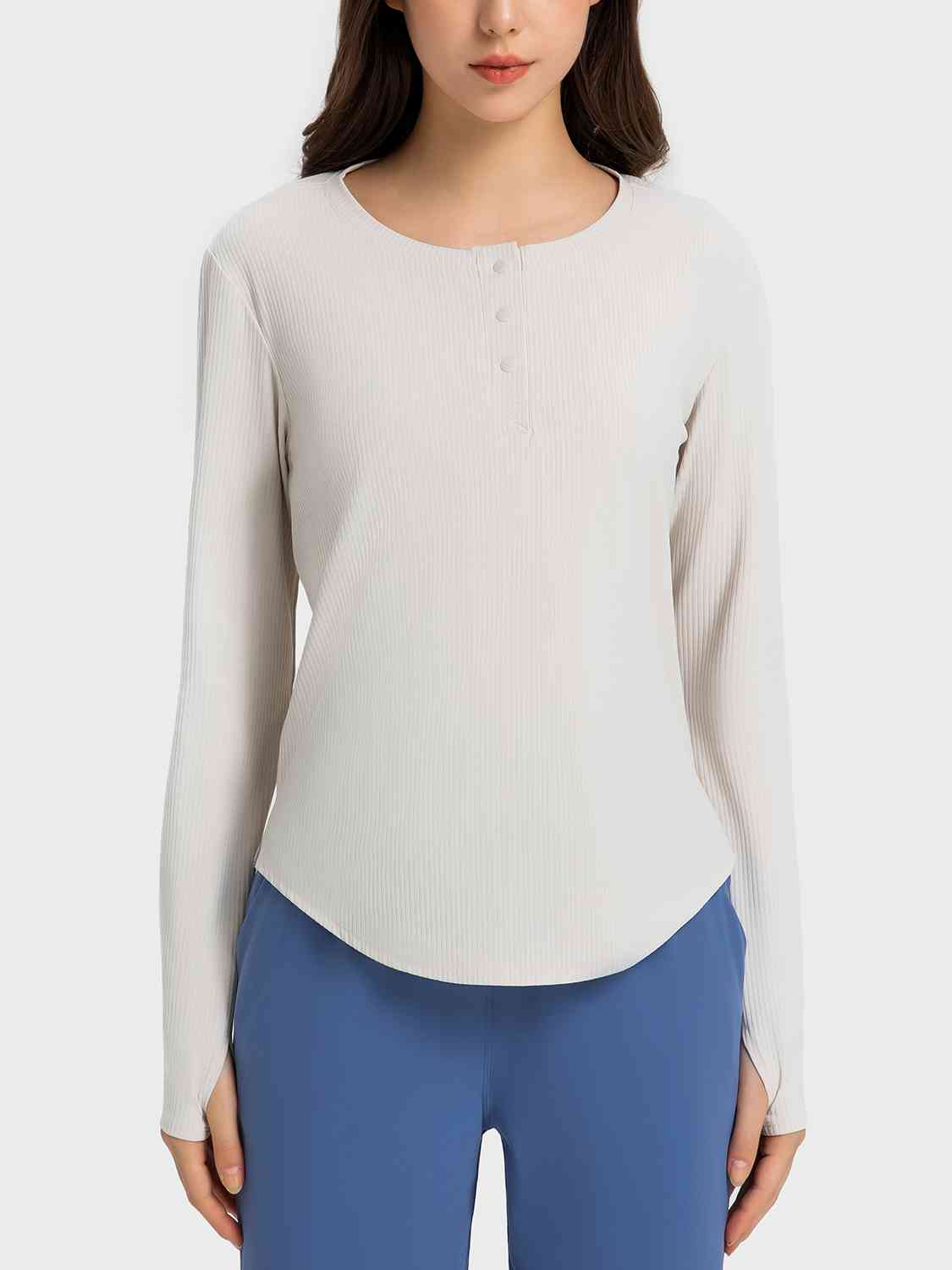 Round Neck Long Sleeve Sport Top White
