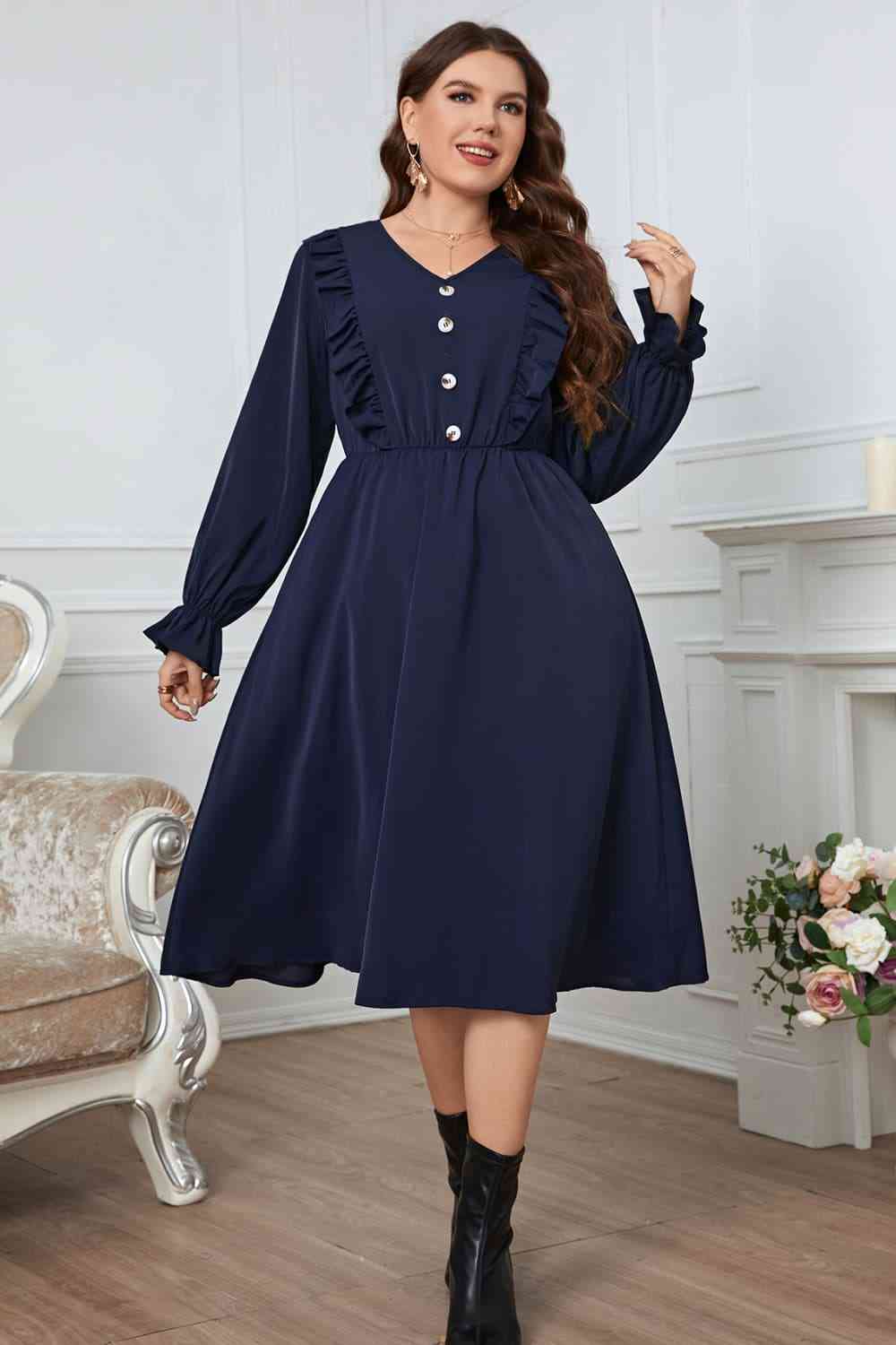 Melo Apparel Plus Size V-Neck Buttoned Flounce Sleeve Dress Navy