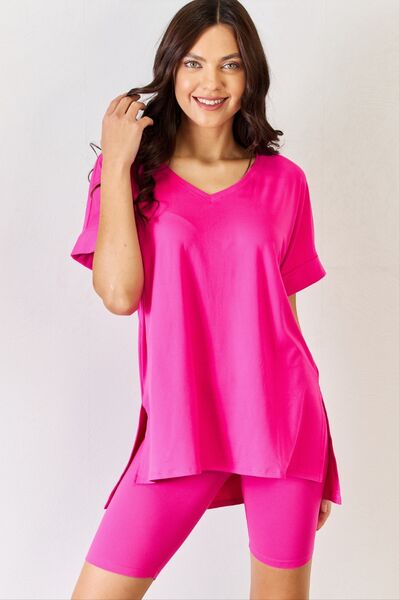 Zenana Full Size V-Neck Short Sleeve Slit T-Shirt and Shorts Set Neon Hot Pink