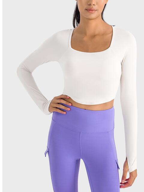Square Neck Long Sleeve Cropped Sports Top White