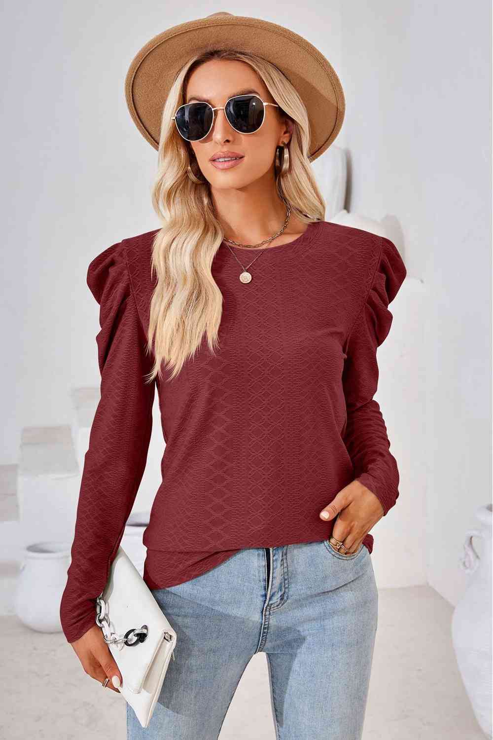 Round Neck Puff Sleeve Blouse Wine