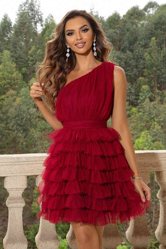 One-Shoulder Sleeveless Dress Red