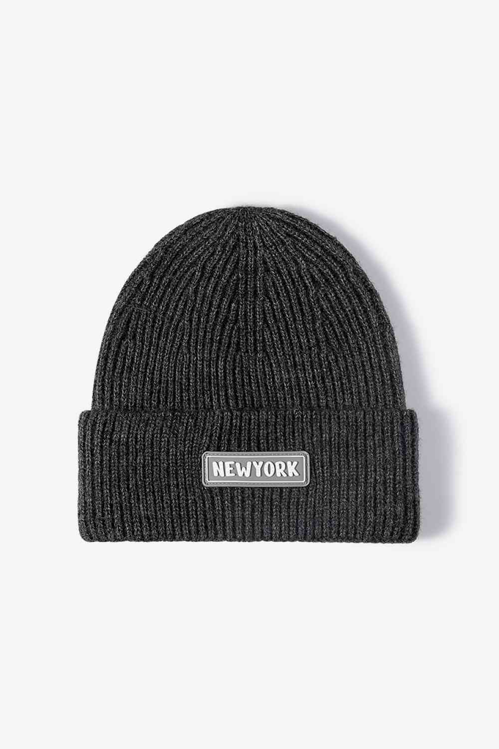 NEWYORK Patch Rib-Knit Cuffed Beanie Dark Gray One Size