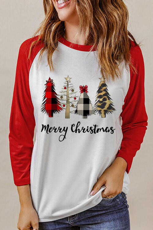 Christmas Tree Graphic Round Neck Long Sleeve T-Shirt White