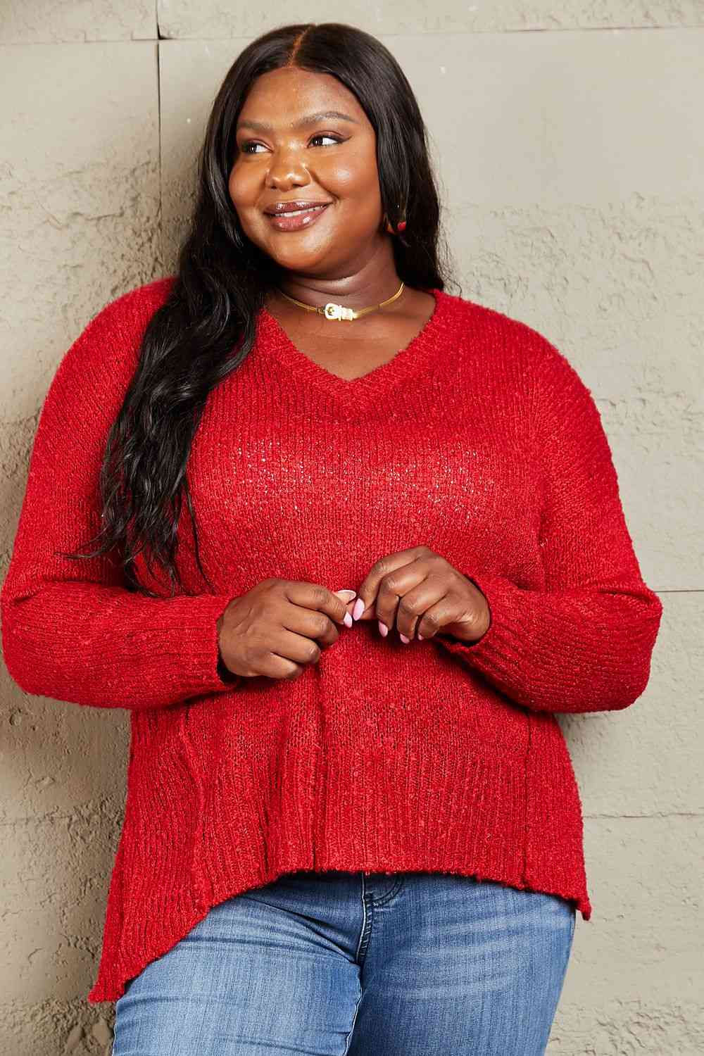Heimish By The Fire Full Size Draped Detail Knit Sweater Red