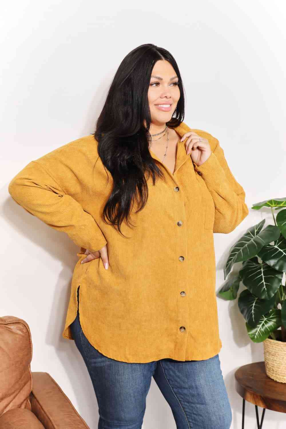 HEYSON Full Size Oversized Corduroy Button-Down Tunic Shirt with Bust Pocket