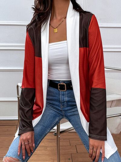 Color Block Open Front Cardigan Wine