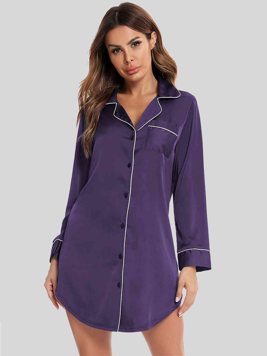 Button Up Lapel Collar Night Dress with Pocket Violet