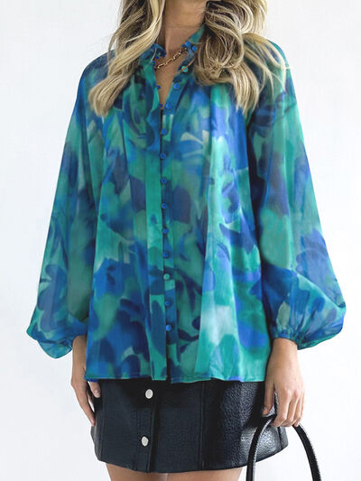 Printed Button Up Balloon Sleeve Shirt