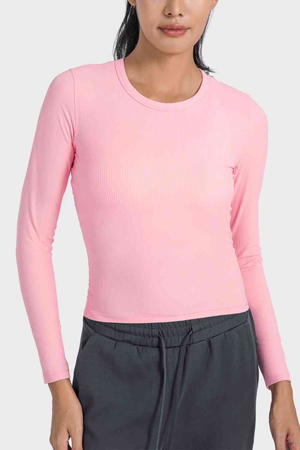 Round Neck Long Sleeve Sports Top Carnation Pink