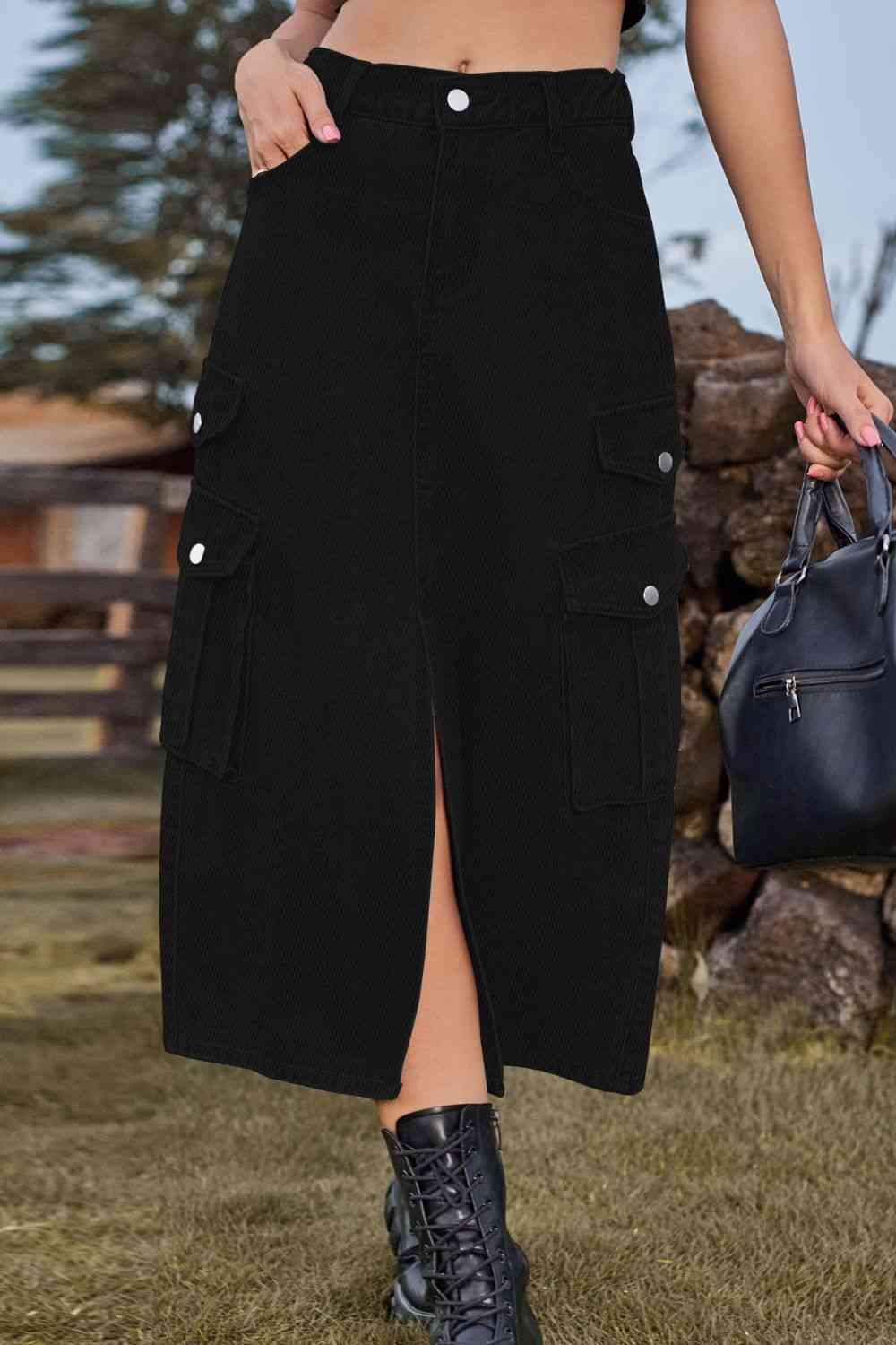 Slit Front Midi Denim Skirt with Pockets Black