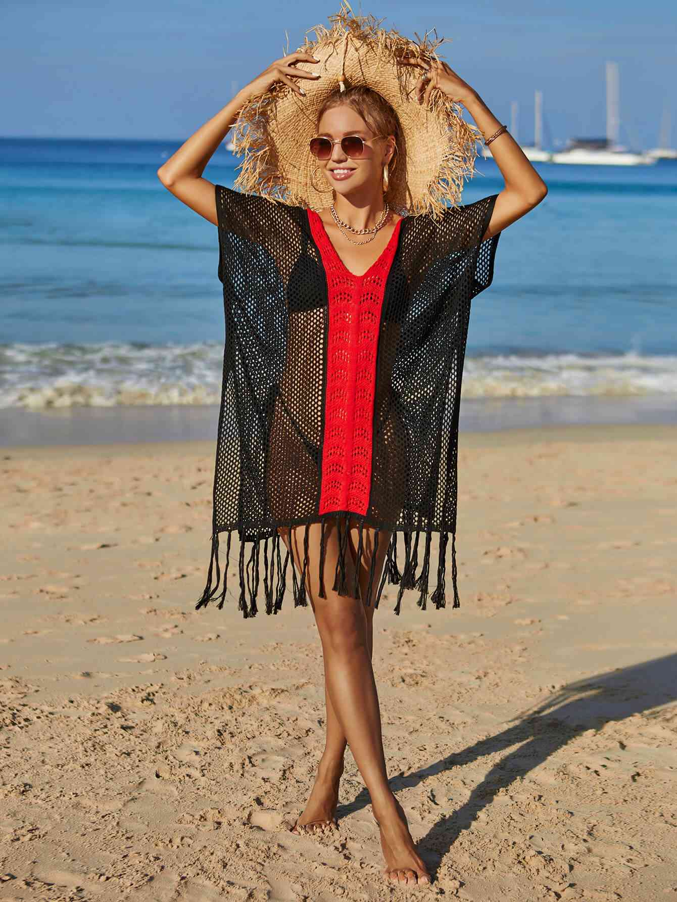 Contrast Fringe Trim Openwork Cover-Up Dress Black/Red One Size