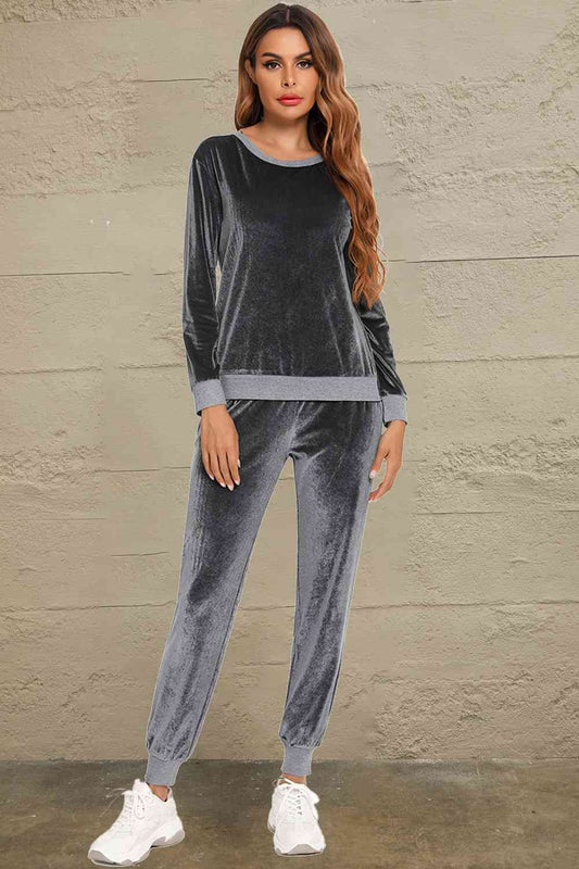 Round Neck Long Sleeve Loungewear Set with Pockets Charcoal