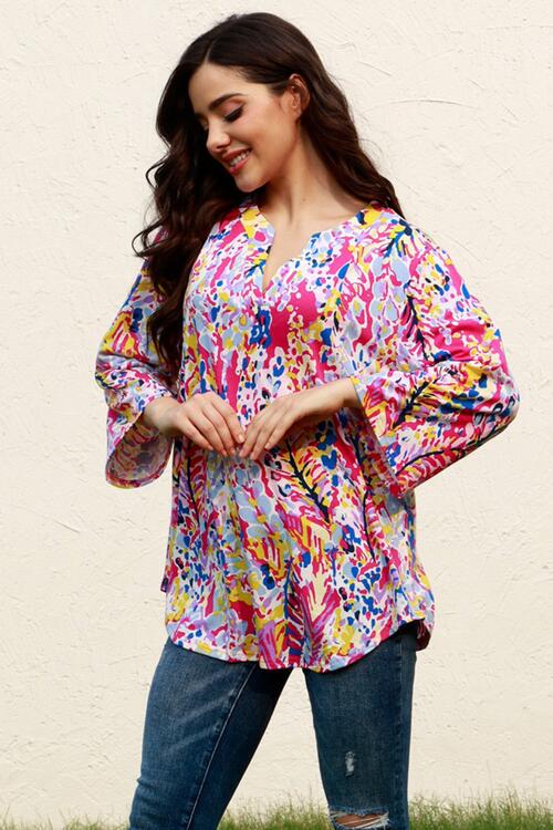 Plus Size Printed Notched Long Sleeve Blouse Multicolor