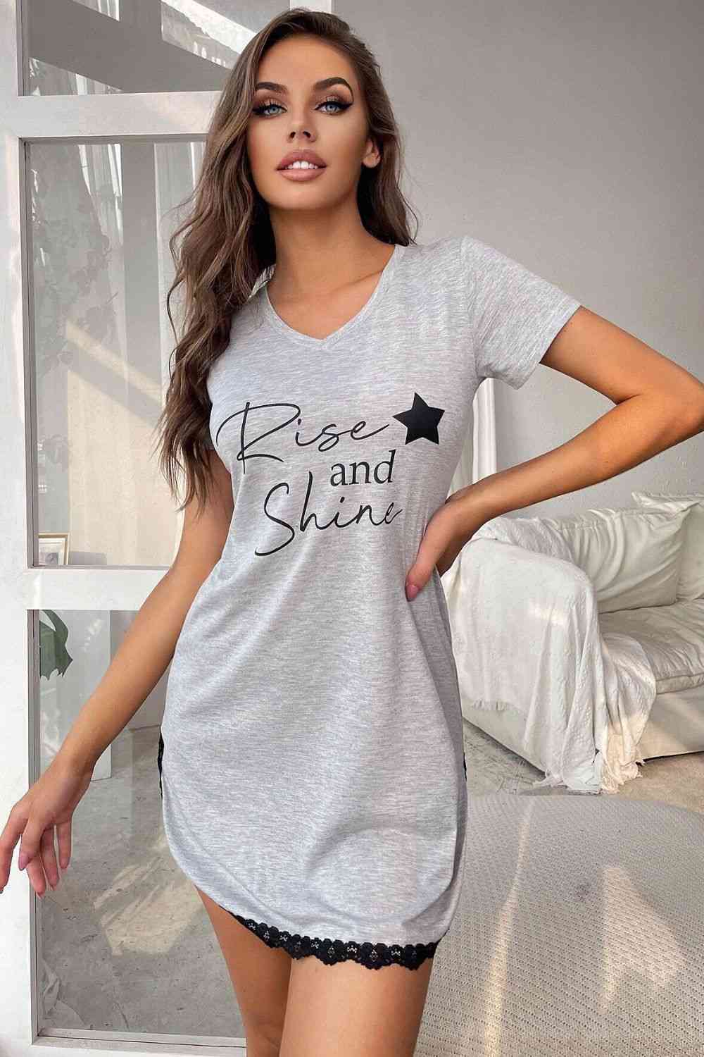 RISE AND SHINE Contrast Lace V-Neck T-Shirt Dress Gray