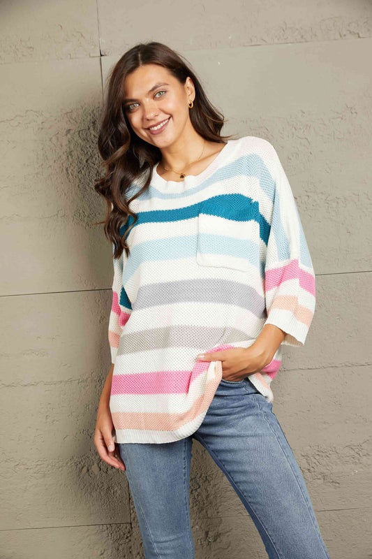 Woven Right Striped Round Neck Sweater with Breast Pocket