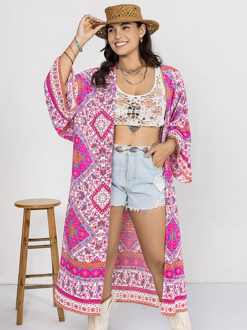 Double Take Plus Size Printed Open Front Longline Cardigan